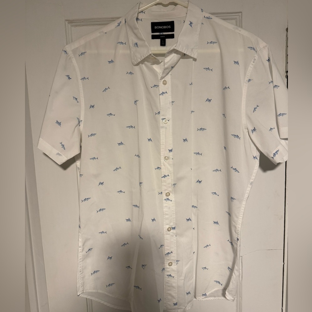 Men’s Bonobos Blue Shark and White Casual Slim Fit Button Down Shirt Size L